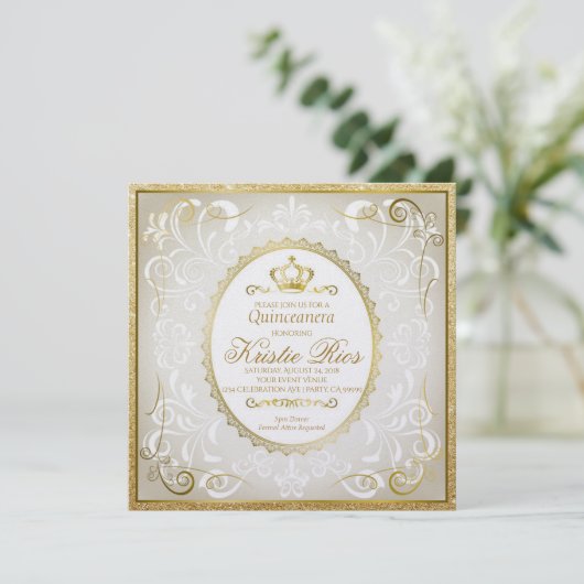 Gouden kroon, elegante, Quinceanera uitnodiging (Staand voorkant)