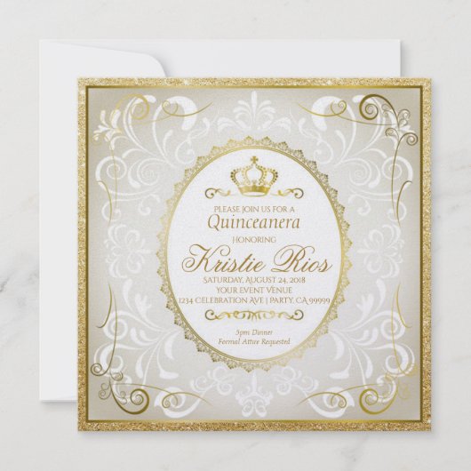 Gouden kroon, elegante, Quinceanera uitnodiging (Voorkant)
