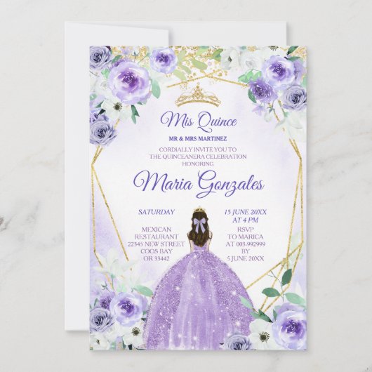 Gouden Kroon en Paarse Bloemen Quinceañera Kaart (Voorkant)