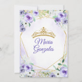 Gouden Kroon en Paarse Bloemen Quinceañera Kaart (Achterkant)