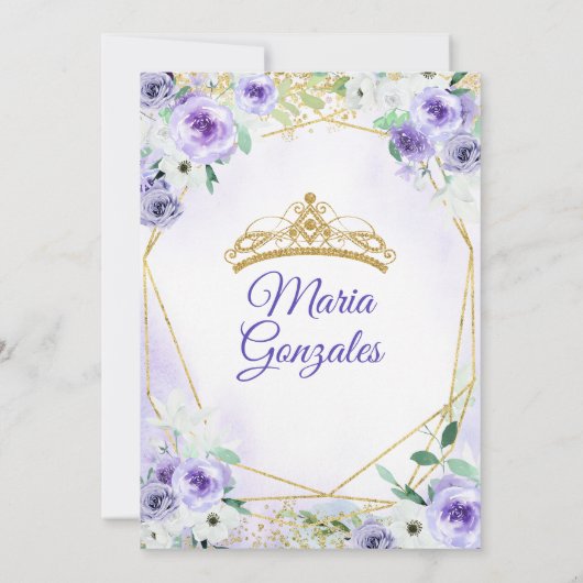 Gouden Kroon en Paarse Bloemen Quinceañera Kaart (Achterkant)