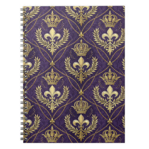 Gouden Kroon Fleur-de-lis Koninklijk Paars Patroon Notitieboek
