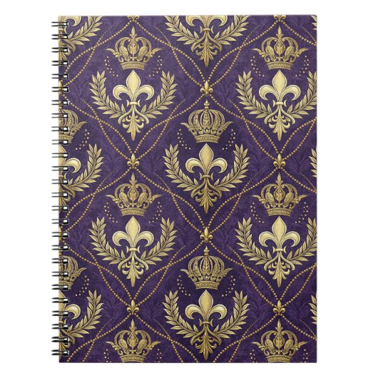Gouden Kroon Fleur-de-lis Koninklijk Paars Patroon Notitieboek (Voorkant)