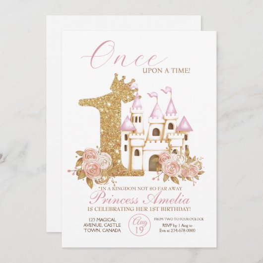 Gouden Kroon Kasteel Prinses 1e Verjaardag  Invi Kaart (Voorkant / Achterkant)