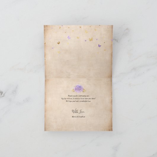 Gouden Kroon Licht Paarse Roos Elegant Geplooid Bedankkaart (Binnen)