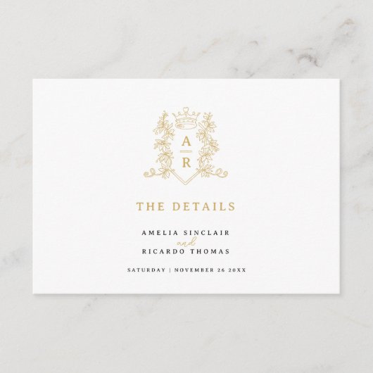 Gouden kroon monogram bruiloft details informatiekaartje (Voorkant)