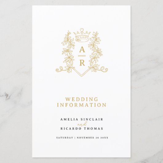 Gouden kroon monogram bruiloft gast informatie (Voorkant)