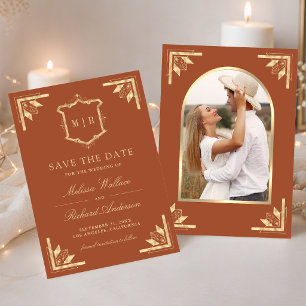 Gouden Kroon Monogram Foto Terracotta Huwelijk Save The Date