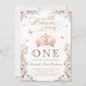 Gouden Kroon Prinses Blush Roze Bloemen Verjaardag Kaart (Voorkant)