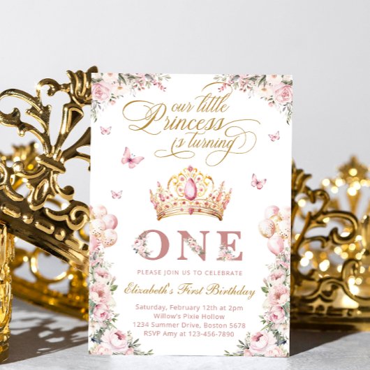 Gouden Kroon Prinses Blush Roze Bloemen Verjaardag Kaart