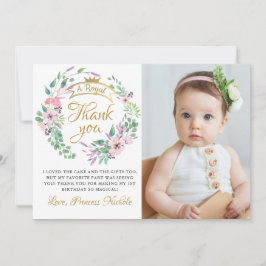 Gouden Kroon Prinses Floral Meisje Verjaardag Foto Bedankkaart