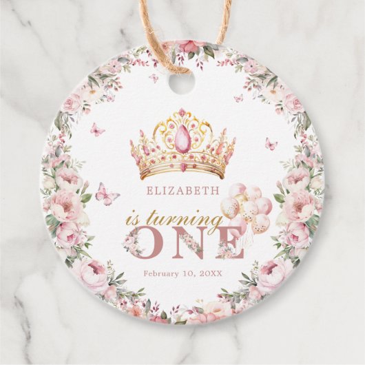 Gouden Kroon Prinses Meisje 1e Verjaardag Bedankjes Labels (Voorkant)