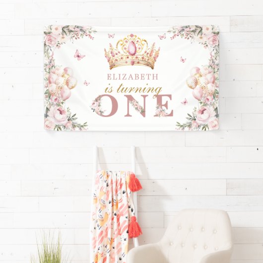 Gouden Kroon Prinses Meisje 1e Verjaardag Blush Bl Spandoek (Insitu)
