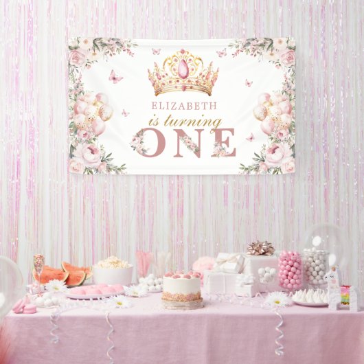 Gouden Kroon Prinses Meisje 1e Verjaardag Blush Bl Spandoek (Feest)