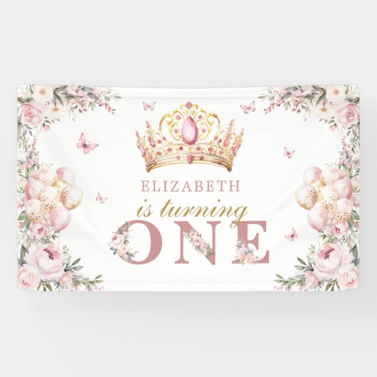Gouden Kroon Prinses Meisje 1e Verjaardag Blush Bl Spandoek (Horizontaal)