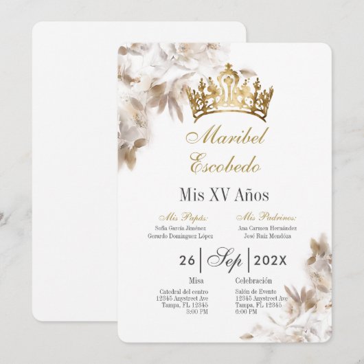 Gouden kroon quinceañera kaart (Voorkant / Achterkant)