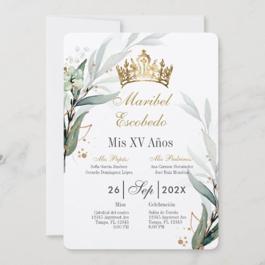 Gouden kroon quinceañera uitnodiging (Voorkant)