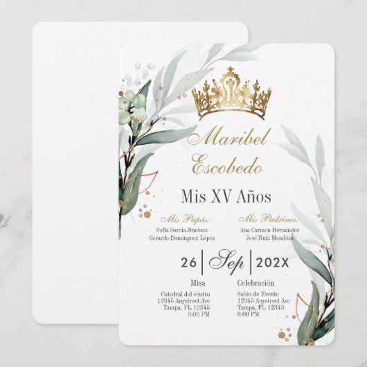 Gouden kroon quinceañera uitnodiging (Voorkant / Achterkant)