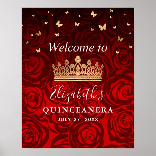 Gouden Kroon Rode Rozen Quinceanera Ontvangstfeest Poster (Voorkant)