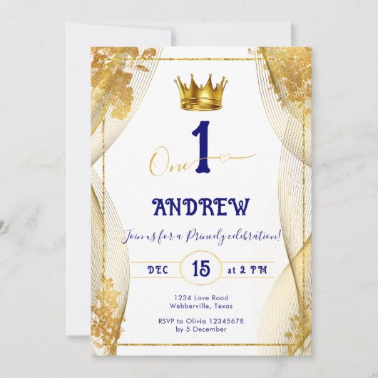 Gouden Kroon Royal Blue Prince Boy 1e Verjaardag Kaart (Voorkant)