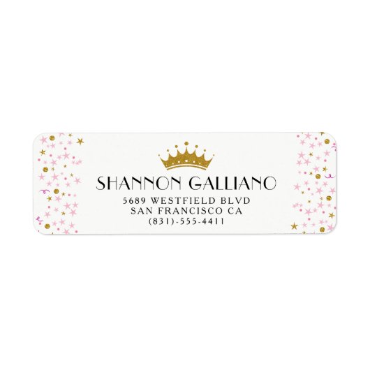 Gouden Kroon & Roze Confetti Adres Etiket (Voorkant)