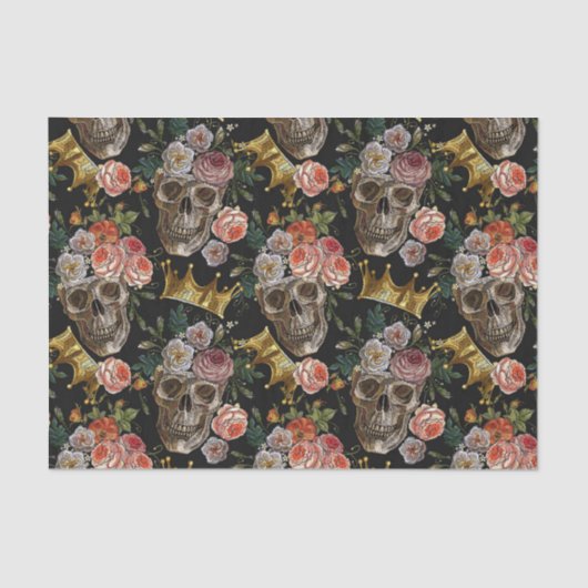 Gouden Kroon Schedel Rode Rozen Gotische Halloween Tissuepapier (Voorkant)