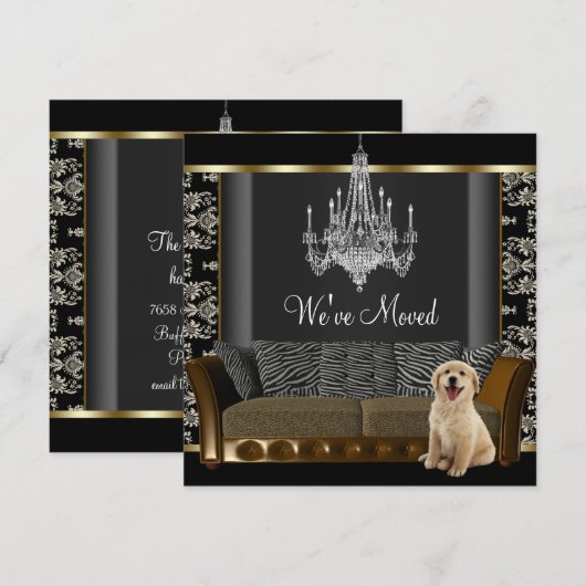 Gouden kroonluchter Black Damask Adreswijziging Aankondiging (Voorkant / Achterkant)