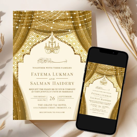 Gouden Kroonluchter Gordijn Cream Moslim Bruiloft Kaart