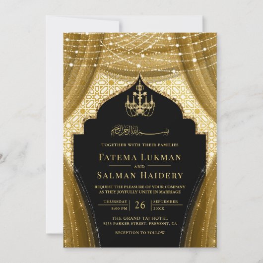 Gouden kroonluchter gordijn zwart moslim bruiloft kaart (Voorkant)