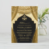 Gouden kroonluchter gordijn zwart moslim bruiloft kaart (Staand voorkant)