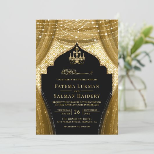 Gouden kroonluchter gordijn zwart moslim bruiloft kaart (Staand voorkant)