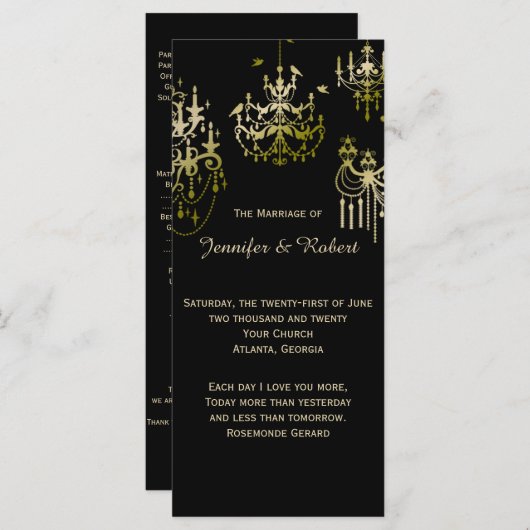 Gouden kroonluchters op zwart posh bruiloft progra programmakaart (Voorkant / Achterkant)