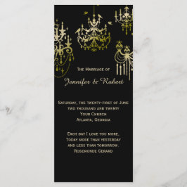 Gouden kroonluchters op zwart posh bruiloft progra programmakaart