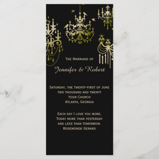 Gouden kroonluchters op zwart posh bruiloft progra programmakaart (Voorkant)