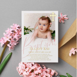 Gouden Kruis Bleek Roze Schrift Foto Doop Folie Uitnodiging