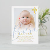 Gouden Kruis Bleekblauw Schrift Foto Doop Folie Uitnodiging (Staand Voorkant)