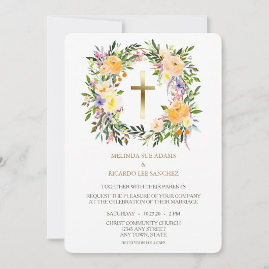 Gouden Kruis Bloemen Krans bruiloft uitnodiging (Voorkant)