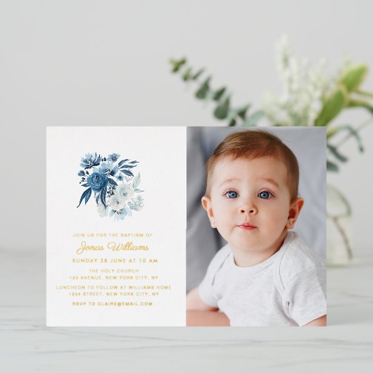 gouden kruis Bloemendop baptisedoopfoto Folie Feestdagenkaart (Staand Voorkant)