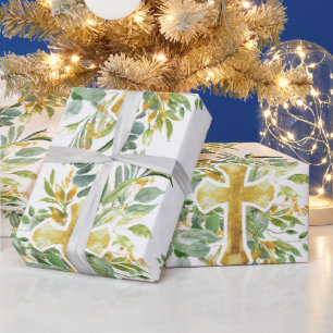 Gouden Kruis Bloemige Aquarel Doop Eerste Communie Cadeaupapier