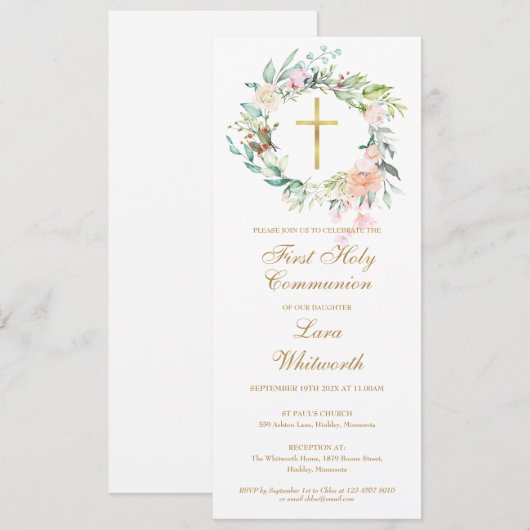 Gouden Kruis Bloemige Eerste Heilige Communie Uitn Kaart (Voorkant / Achterkant)