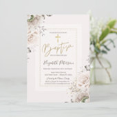 Gouden Kruis Blush Rozen Doop Kaart (Staand voorkant)