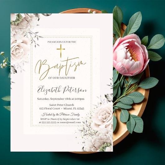 Gouden Kruis Blush Rozen Doop Kaart