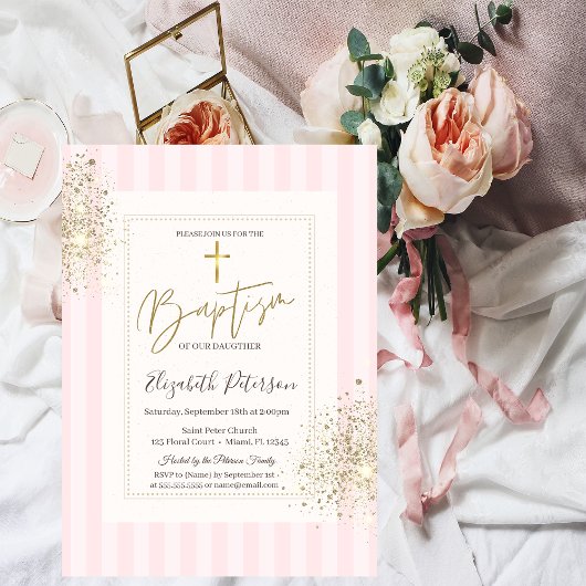 Gouden Kruis Diamant Stof Roze Gestreepte Doop Kaart