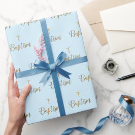 Gouden Kruis Doop Blauw patroon Christelijk Cadeaupapier