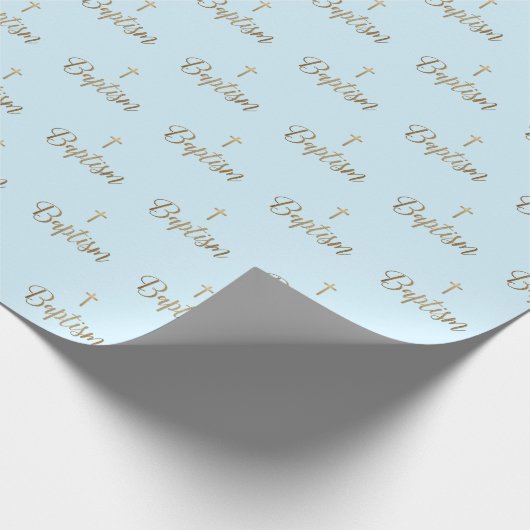 Gouden Kruis Doop Blauw patroon Christelijk Cadeaupapier (Hoek)