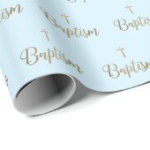 Gouden Kruis Doop Blauw patroon Christelijk Cadeaupapier (Rol Hoek)