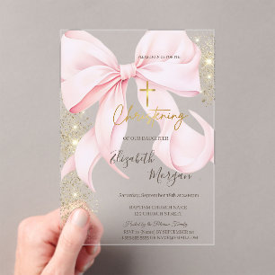 Gouden kruis doop gouden glitters roze strik acryl uitnodigingen