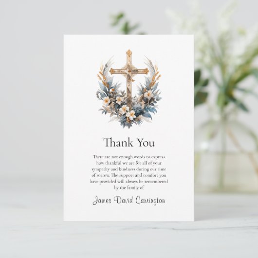 Gouden Kruis en Bloemen Rooms-Katholieke Begrafeni Bedankkaart (Staand voorkant)