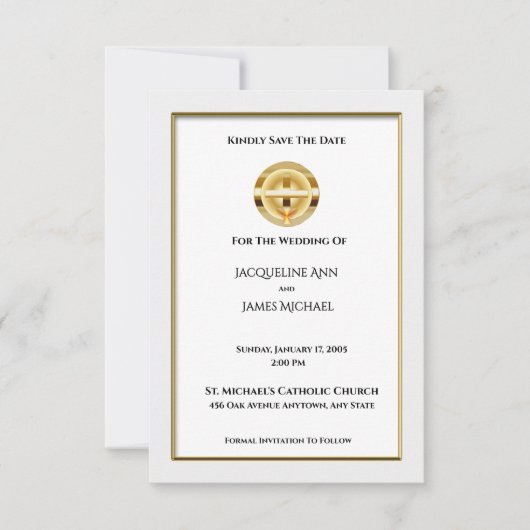 Gouden kruis en kelk katholieke bruiloft save the date (Voorkant)