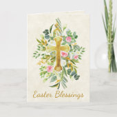 Gouden kruis en roze rozen aangepaste Pasen Kaart (Voorkant)